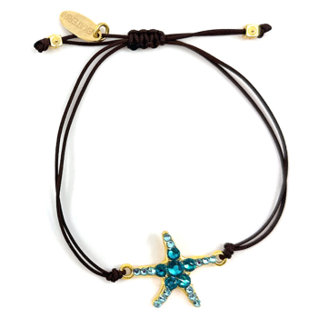 Ekaterini Freundschaftsarmband, Starfish, Seestern, türkise Swarovski Kristalle an brauner Kordel und goldenen Akzenten